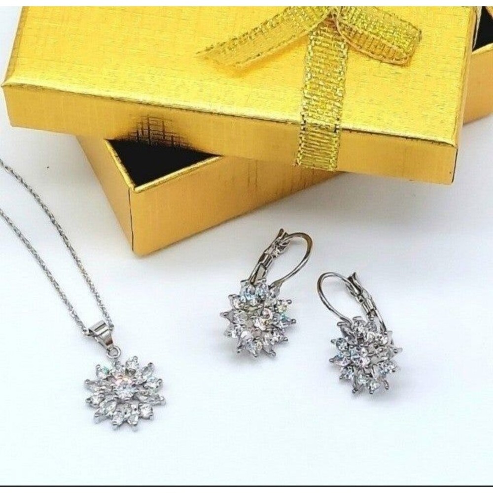 Cubic Zirconia Winter Snowflake Necklace Earring Jewelry Set New Year's